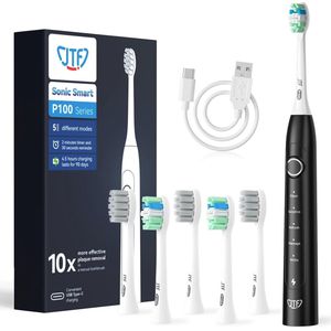 JTF Sonic P100 elektrische tandenborstel Zwart - Inclusief 6 opzetborstels - USB-C oplaadbaar - Ingebouwde 2 minuten smart timer - 5 poetsstanden - Elektrische tandenborstels