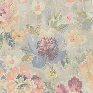 Bloemen behang Profhome 396072-GU vliesbehang hardvinyl warmdruk in reliëf licht gestructureerd in aquarel stijl mat grijs zuurstokroze blauw geel 5,33 m2