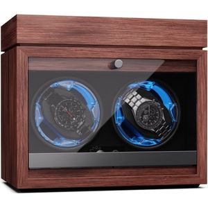Brienz 2 watchwinder, 2 horloges, 4 modi, houten look, blauwe binnenverlichting, sieradenvakje