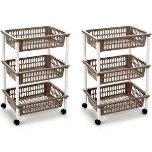2x stuks opberg trolley/roltafel/organizer met 3 manden 40 x 30 x 61,5 cm wit/taupe - Etagewagentje/karretje met opbergkratten