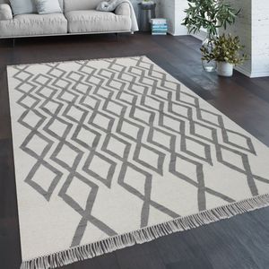 Paco Home vloerkleed woonkamer Boho stijl franje handgeweven wol-katoen mengsel grijs 120x170 cm