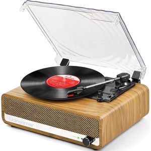 Bluetooth Platenspeler met Ingebouwde Speakers – Vintage Vinyl Speler – Bluetooth 5.3 – USB & AUX Ingang – Hoofdtelefoon & RCA Uitgang – 3 Snelheden – Belt Drive – Auto-Stop – Goud