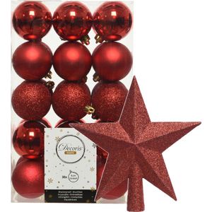 Kerstballen - 30x stuks - incl. ster piek - rood - kunststof
