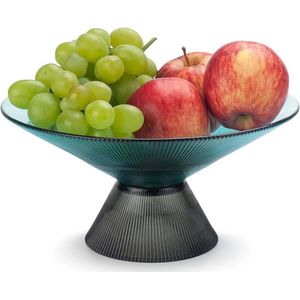 Fruitschaal voor aanrecht - glazen fruitmand op sokkel - decoratieve schaal voor tafelblad - eetkamer en woonkamer decoratie - turkoois Kleur friut basket