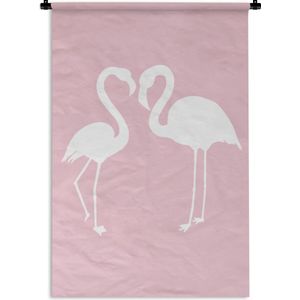 Wandkleed FlamingoKerst illustraties - Witte silhouetten van flamingo's op een lichtroze achtergrond Wandkleed katoen 90x135 cm - Wandtapijt met foto