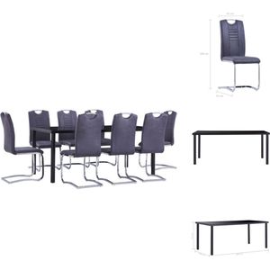 vidaXL Eetset Tuin - Zwart - 180 x 90 x 75 cm - Gehard glas en metaal - 8x Grijze tuinstoel - Kunstsuède - Staal - Set tafel en stoelen
