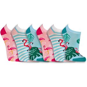 Dames sokken | Sneakersokken | Thema: Flamingo | Maat: 35-38 / 39-42 | 6 paar