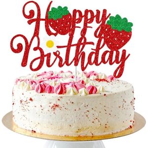 Aardbeien Taart Topper - Happy Birthday - Rood - Vrolijke Topper - Fruit - Taart Versiering - Verjaardag Versiering - Taart Decoratie - Kinderfeestje - Toppers - Taarttopper - Cake Topper