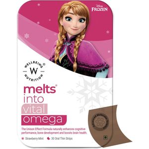 Disney Frozen Omega - Omega 3 & Vitamine E - Smeltblaadjes (geen capsule & geen water) - Vitaminen en Mineralen Supplement - Snel oplossende orale vegan strips - 30 strips - Aardbei Mint Smaak - Wellbeing2day MELTS for Kids