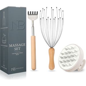 Novabeau 3-Delig Massage Set ��– Ruggenkrabber Uitschuifbaar, Hoofdmassage Spin & Hoofdhuid Massage Borstel – Scalp Massager – Duurzame Siliconen Haarborstel – Ergonomische Shampoo Brush voor Anti Roos - Kerst Cadeau