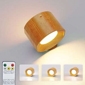 KL Home® Oplaadbare wandlamp - Wandlamp Binnen - USB Oplaadbaar - Draadloos - Dimbaar – Batterij - Slaapkamer - Woonkamer - Nachtlampje - 360° rotatie - Zonder Boren - Afstandsbediening - Touch Control - Trapverlichting - Houtkleur