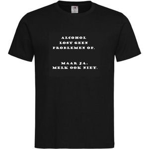 T-shirt Unisex Volwassenen Grappig Tekst ""Alcohol lost geen problemen op. Maar ja, melk ook niet."" Op Voorkant | korte mouw | Zwart/wit | maat XL