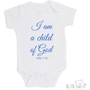 100% katoenen Romper ""I am a child of God John 1:12"" Jongens Katoen Wit/blauw Maat 56/62