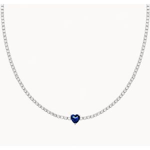 White Basis – Tennis Ketting met Sapphire Hart & Zirkonia – Rhodium Plated 925 Sterling Zilver – Sapphire Heart – 38cm – Kerst Cadeautje Vrouw