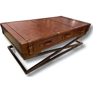 LEREN KOFFER SALONTAFEL EXCLUSIEVE HANDGEMAAKT IN 100% LEDER SUITCASE VINTAGE COGNAC LOOK TAFEL