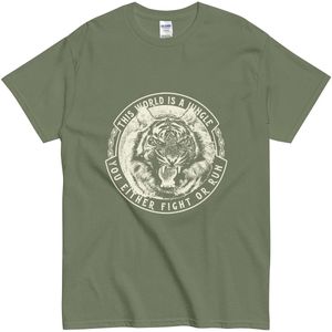 T Shirt met Tijgerprint en Tekst: You Either Fight or Run - Dames en Heren - Khaki Groen - 2XL