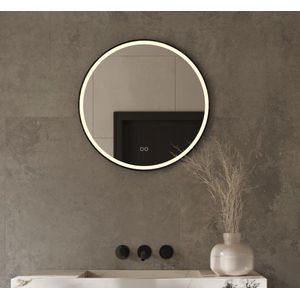 Ronde badkamerspiegel met LED verlichting, verwarming, touch sensor, dimfunctie en mat zwart frame 60x60 cm