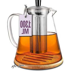 Mrs. Jones Theepot Glas met Roestvrijstalen Zeefje 13 L - Met Onderzetter - Hittebestendig - Houdt Lang Warm - Vaatwasmachinebestendig .