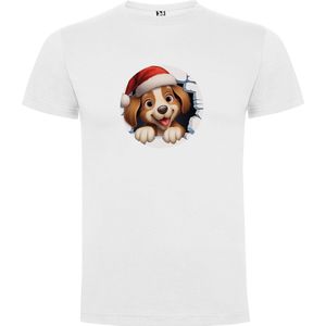 Wit T-Shirt met “Kleurrijke Kerst Leuke Hond in Sneeuwbal “ Print Full Color Maat S