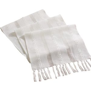 Tafelloper - 38x183cm - Rustieke boerderijstijl tafelloper - Tafellaken - Tafelkleed - met kwastjes - wit - Polyester - streep tafeldecoratie - voor feest- en eetdecoraties
