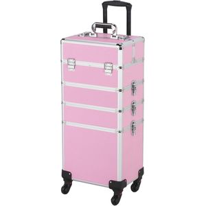 Aluminium Make-up Koffer met Wielen - 4-in-1 Trolley voor Kappers en Make-up Artists - Roze