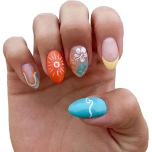 Zomerzon press-on nagels - 24 stuks Franse tips manicure kunst medium almandel acryl kunstnagels met golf design