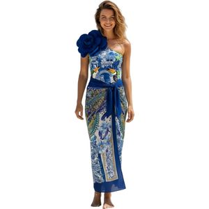 Tropisch Badpak met Bloem en Cover Rok - Dames Zwemkleding - Bikini - Blauw