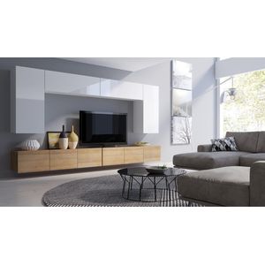 TV-meubel - CALABRINI 13 - Hangmeubel - Wit + gouden eik - 300 cm