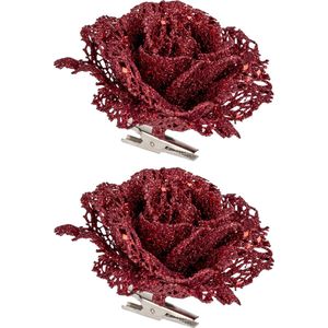 4x stuks decoratie bloemen roos rood glitter op clip 10 cm - Decoratiebloemen/kerstboomversiering/kerstversiering