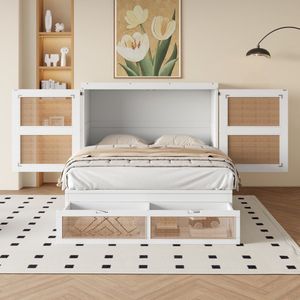 PugsdrlyOpklapbed 140 x 200 cm, wandbed met lattenbodem, opklapbaar wandbed, verticaal opklapbed met lattenbodem, met opberglades, rotan design, houten bedden, kinderbedden, eenpersoonsbedden, wit