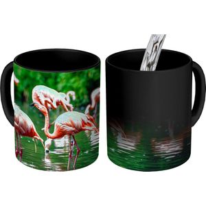 Magische Mok - Foto op Warmte Mokken - Koffiemok - Flamingo - Tropisch - Vogel - Water - Roze - Magic Mok - Beker - 350 ML - Theemok