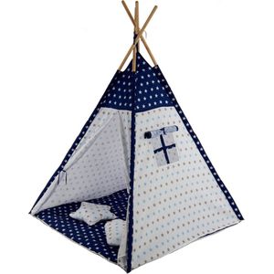 Speeltent - Tipi Tent - Met Grondkleed & Kussens - Speelhuisje - Tent voor kinderen - Blauw-Wit