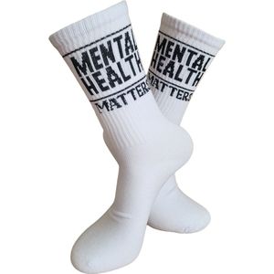 Verjaardags cadeau - Mentale gezondheid Sokken - Sport sokken - leuke sokken - witte sokken - tennis sokken - sport sokken - valentijns cadeau - sokken met tekst - aparte sokken - grappige sokken - Socks waar je Happy van wordt - maat 37-44