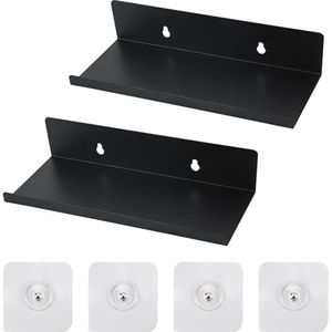 Small Wall Shelf Self-Adhesive Black Metal 10 x 20 x 4 cm 2 Pieces Floating Mini Shelf - Bathroom Kitchen Load 10 kg