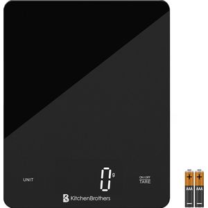 KitchenBrothers Keukenweegschaal - Weegschaal Keuken - Digitaal - 1g tot 10kg - Inclusief Batterijen - Glas/Zwart