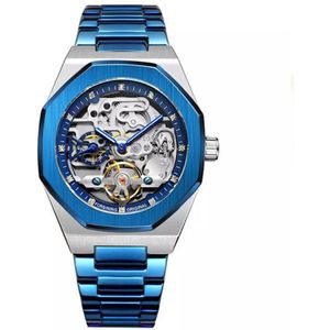 Tourbillon Skeleton Horloge Blauw&Zilver | Waterafstotend | Cadeau Giftbox | Blauw&Zilver | Automatic Horloges | Automatisch Watchwinder | Skeleton Horloges Unisex | Jongens Heren | Vaderdag Cadeau