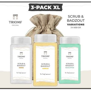Deluxe Scrub & Badzout - 650 gram - Variations 1 - 3-Pack | Triomf Original - Luxe Wellness - Scrubzout Body Peeling Hammam - Hydraterende Lichaamsscrub - Sea Salt Bodyscrub - Verzorgings Giftset van 3 - Zeezout - Huidverzorging - Douche - Sauna- Bad