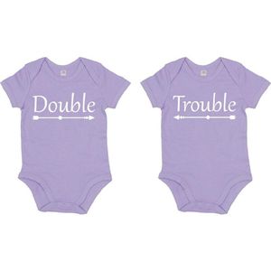 Baby Romper set Double Trouble 6-12 maand - Paars - Rompertjes baby met tekst - Rompertjes voor tweeling