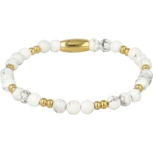 *My Bendel - Gouden kralenarmband met Howlite edelstenen - Gouden elastische armband van edelstaal gecombineerd met Howlite edelsteen - Met luxe cadeauverpakking