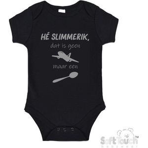 100% katoenen Romper ""He slimmerik, dat is geen vliegtuig maar een lepel"" Unisex Katoen Zwart/grijs Maat 56/62
