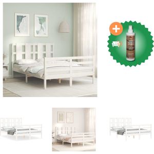 vidaXL Bedframe met hoofdbord massief hout wit 140x190 cm - Bed - Inclusief Houtreiniger en verfrisser