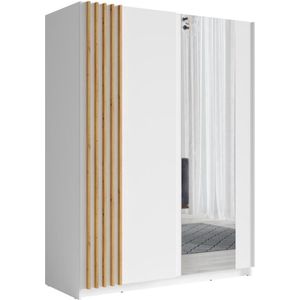 Vente-unique Kast met 2 schuifdeuren - Met spiegel - L200 cm - Wit en houtlook - CALELA L 200.2 cm x H 198.5 cm x D 62 cm