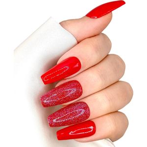 SD Press on Nails - B-213- Plaknagels - Nagelset 20 Nagels - Nepnagels - Rood Glitter - Gellak - Nagellak - Lange Coffin Nageltips - Nepnagels met Lijm - Kunstnagels - Nail Art - Handmade - Valse nagels - Nagelvijl - Accessoires - Lange Nagels