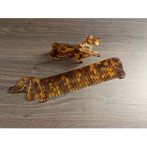 Teckel - kam - haarkam - bruin - haarclip - clip - hond - kam inclusief haarclip