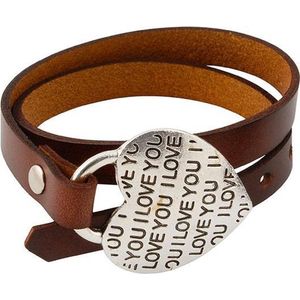 Bruine leren armband met hart en tekst 'I Love You' - in lengte verstelbaar - 16.5 - 17 en 18 cm