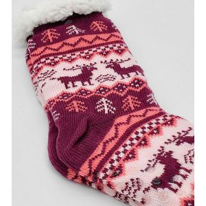 Merino Wollen sokken - Paars met Dennenboom - maat 39/42 - Huissokken - Antislip sokken - Warme sokken – Winter sokken