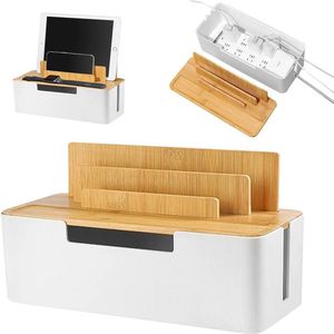 Titel: Kabelbox kabelorganizer met deksel van bamboe en ABS - Verberg stekkerlijsten voor het organiseren en afdekken van kabels (wit)
