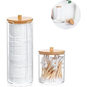 2 stuks Wattenstaafjeshouders - Wattenstaafjes dispenser - Wattenstaafjescontainer - Wattenstaafjes Organizer met Bamboe Deksel - Opbergdoos voor badkameraccessoires - Opbergdoos voor Badkamer, Keuken en Kantoor - Transparant - Acryl