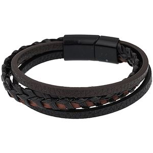 Kungu Armband voor Heren of Dames - Zwart & Bruin Snoeren - Leer en RVS - Mannen - Vrouwen - Unisex - Gevlochten Armbandje 19.5 cm