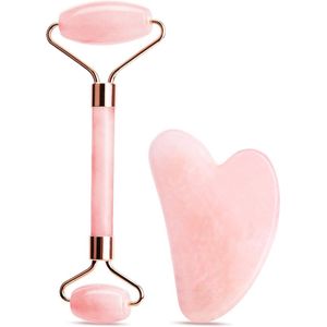 Gua Sha and Jade Roller Set, Jade Gua Sha Board and Face Roller Set, Quartz Jade Stone Gua Sha Facial Tool, Face Scraping Massager, Anti Aging Massage Beauty Tool for Face, Eye, Neck (roze)